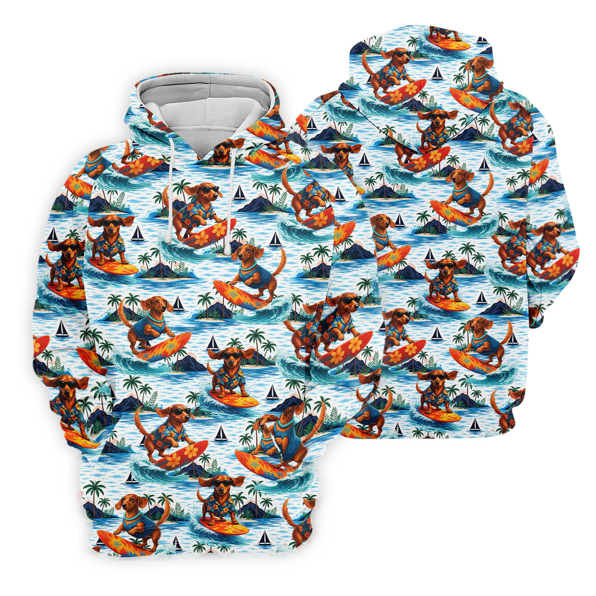 Funny Dachshund Surfing Beach Hawaiian Golf Shirt, Summer Vibe Golf Shirts For Men