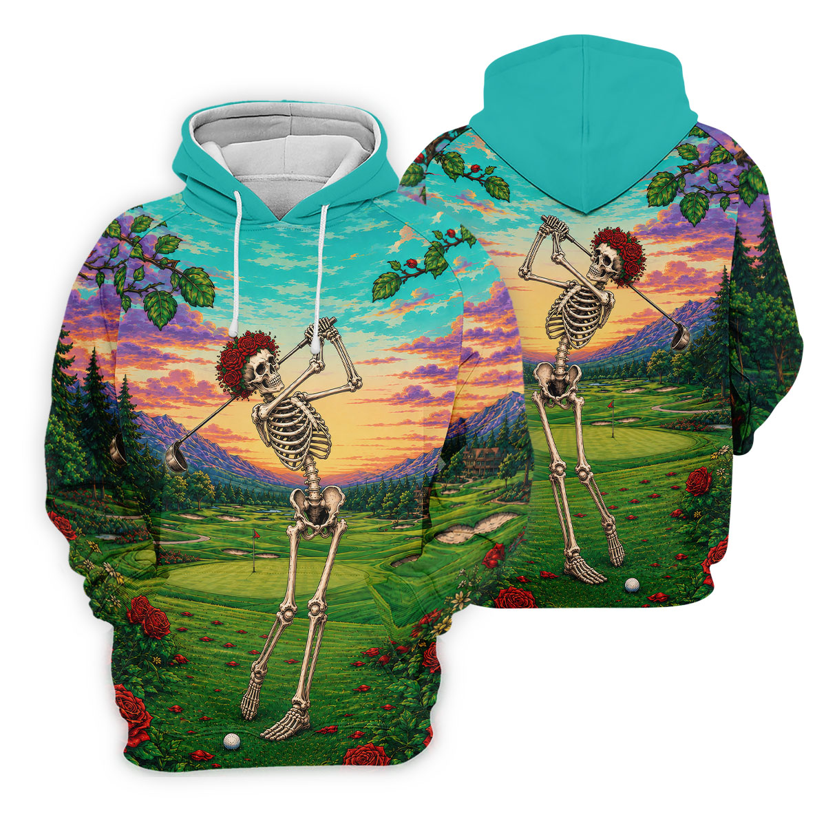 Skeleton Golfer Sunset Golf Course Shirt, Women's Golf Apparel, Halloween Golf Shirt