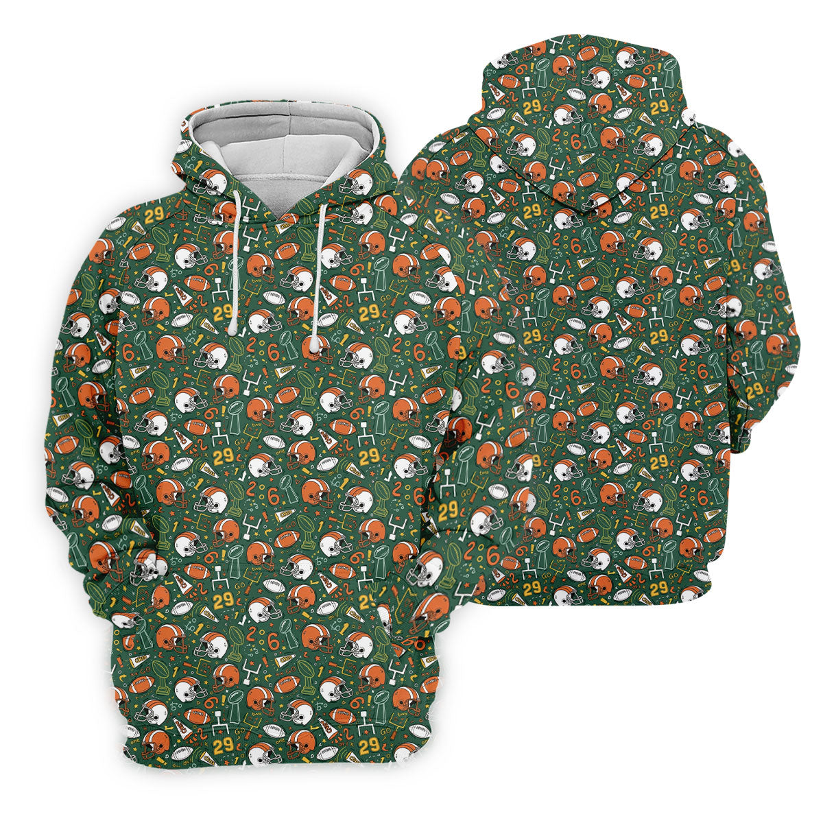 Orange And White Football Helmet Trophy Pattern Green Men Polo, Game Day Football Theme Polo For Men