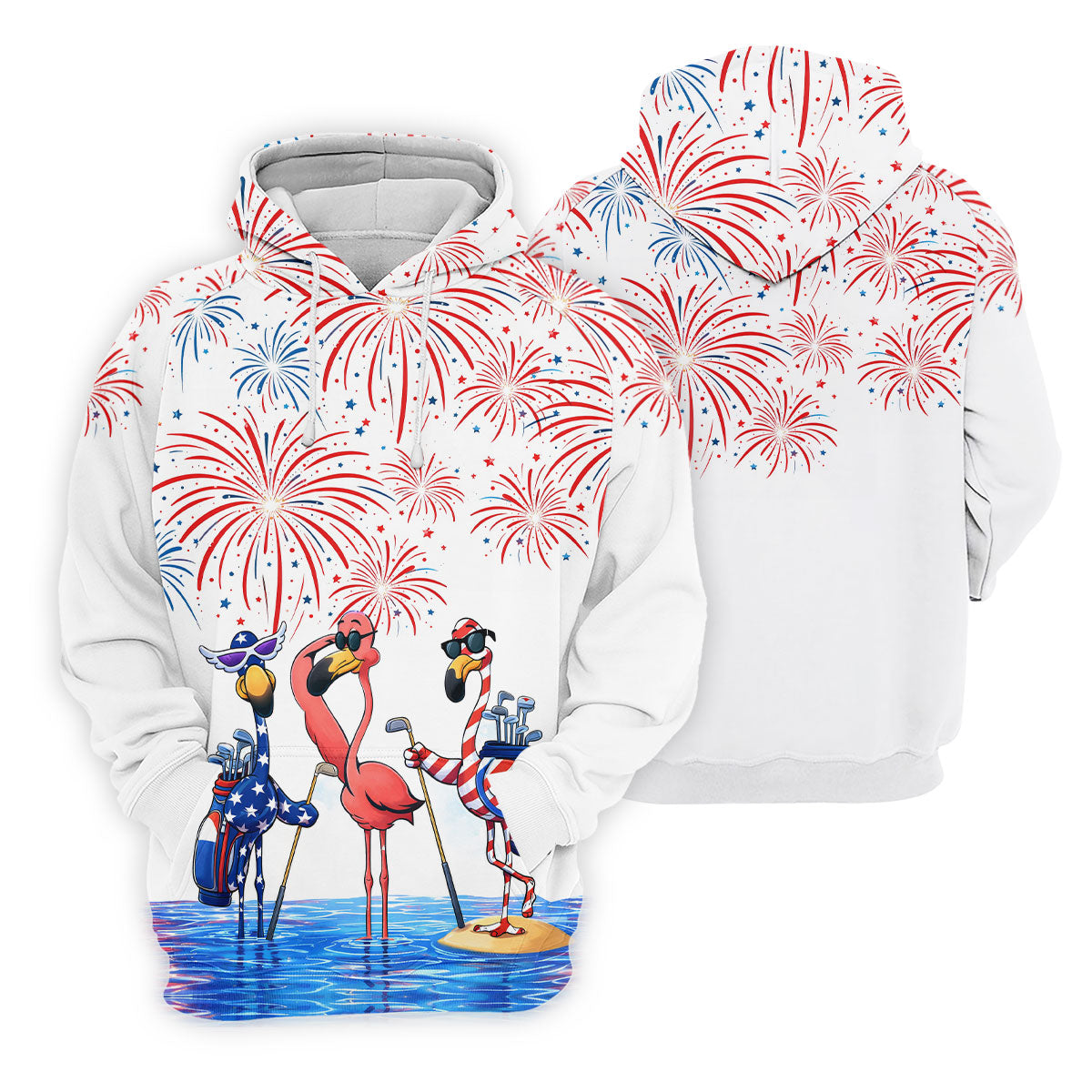 Funny Flamingo American Flag Pattern White Golf Shirt, 250th Anniversary Patriotic Golf Shirt, Women's Polo Shirt