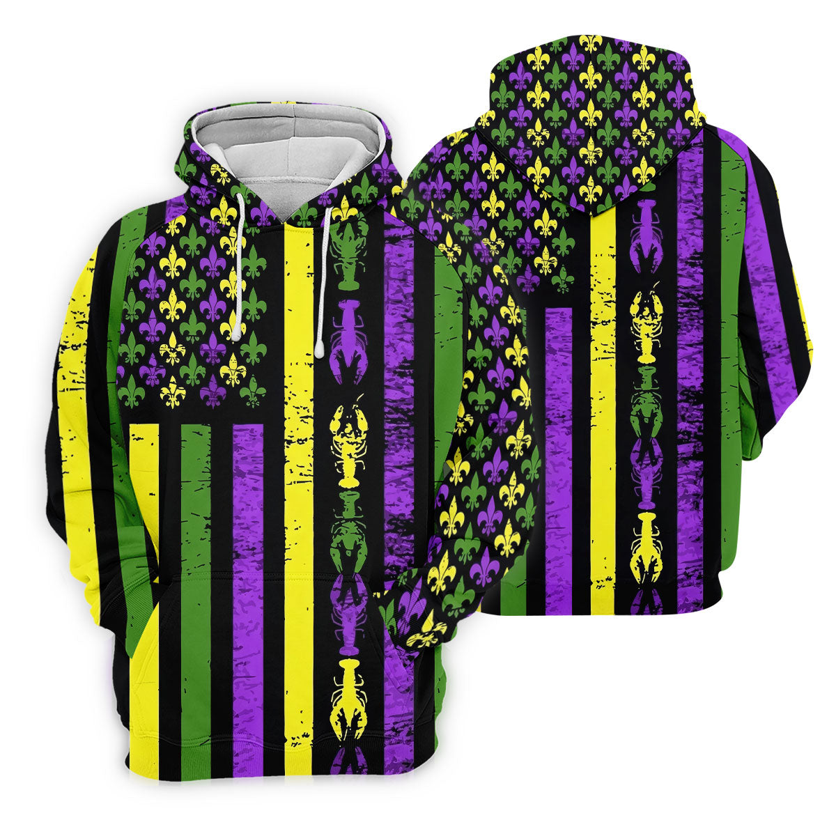 Mardi Gras Flag Fleur-De-Lis Symbol Crawfish Pattern Golf Tops For Men, Polo ShirtFor Men, Golf Shirts For Men
