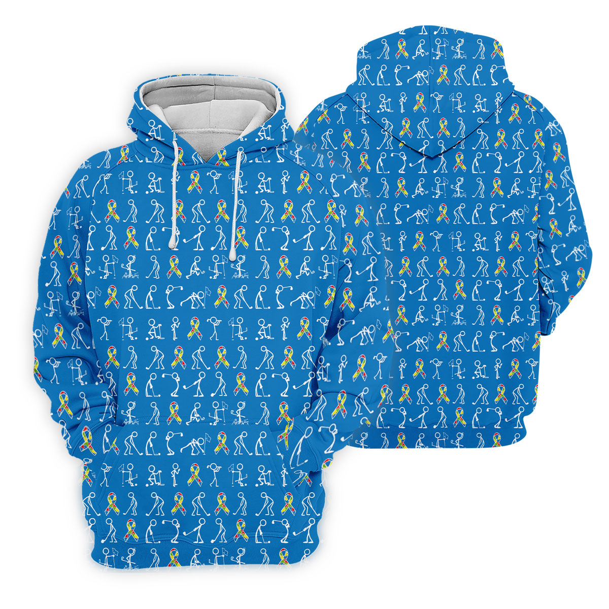 Stick Figure Golf Pose Autism Ribbon Blue Golf Shirt, Autism Awareness Colors Ladies Golf Polos