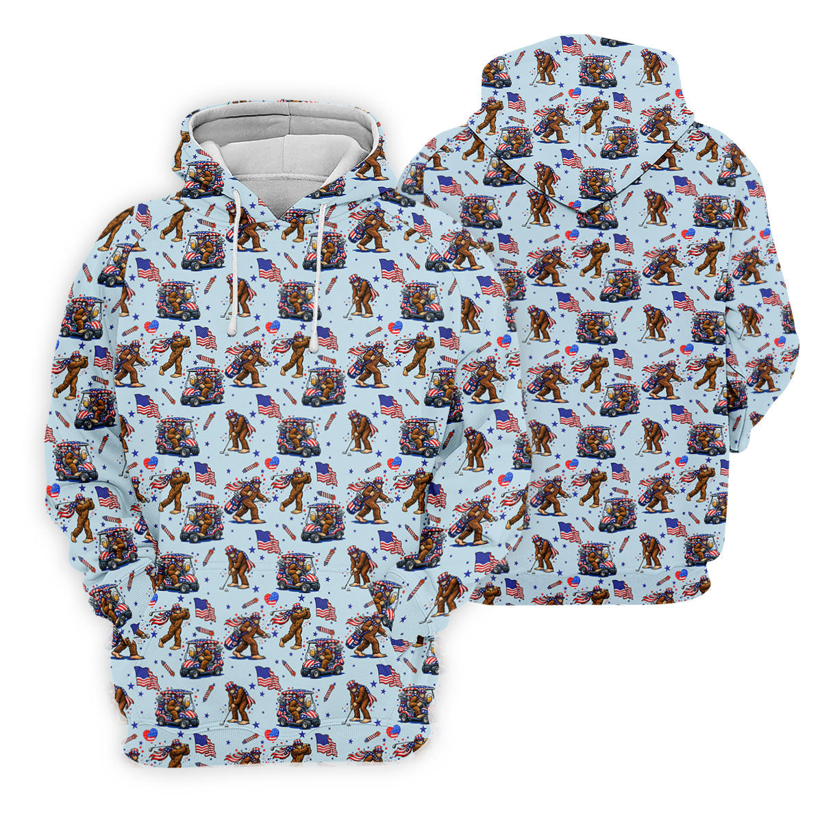 Funny Bigfoot 4th Of July American Flag Pattern Light Blue Golf Shirts For Men, 250th Anniversary Patriotic Golf Shirt