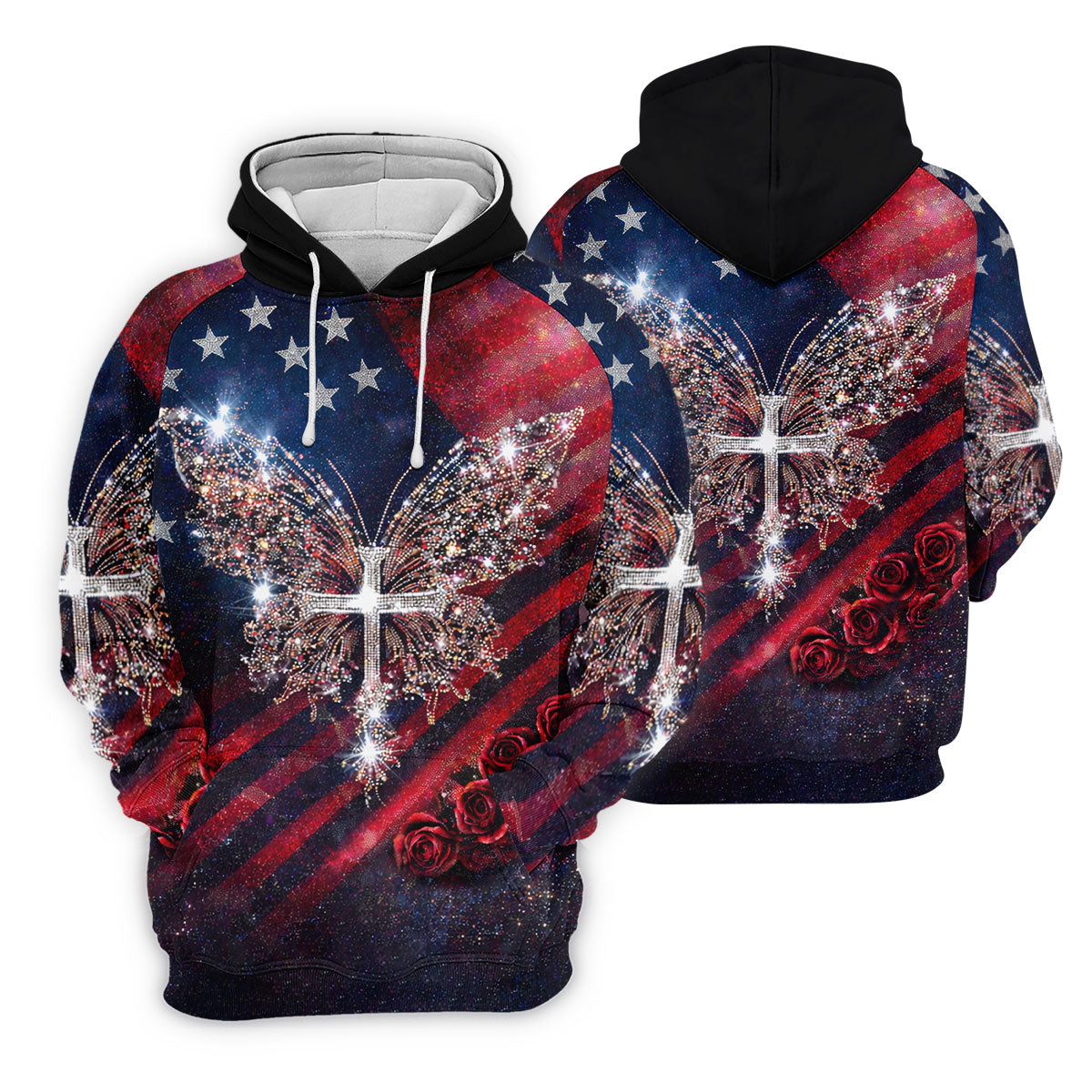 Vintage Faith Rhinestone Butterfly American Flag Golf Shirt, 250 Years Patriotic 4th Of July Golf Shirts For Men