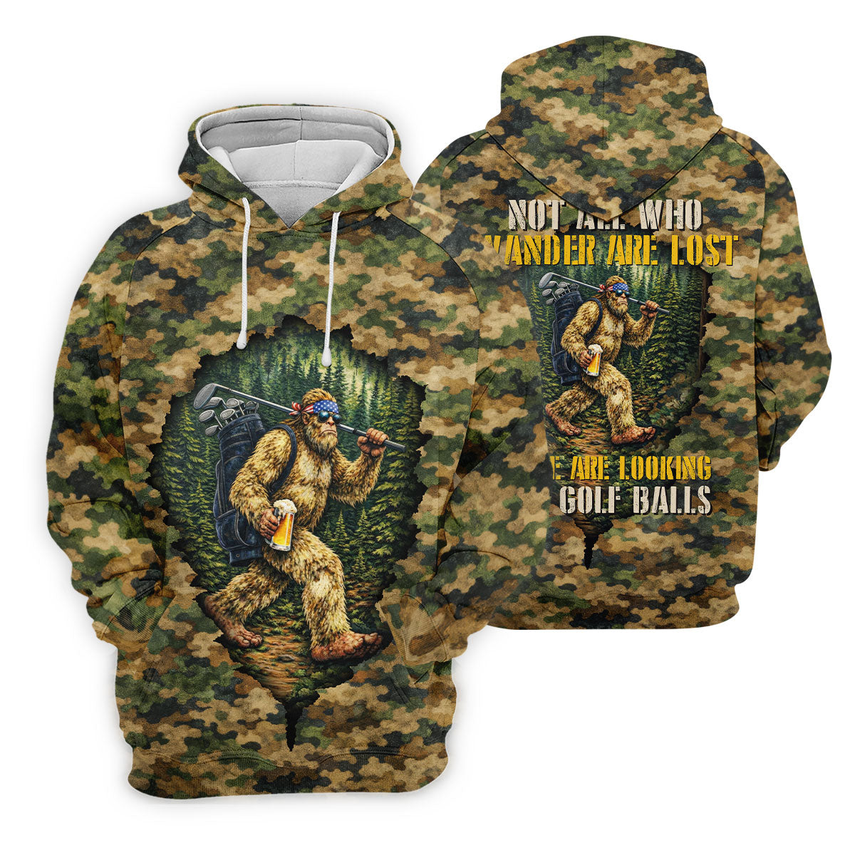 Camo Bigfoot Golfer Drinking Beer Polo Shirt, Mens Golf Shirts, Golf Apparel For Men