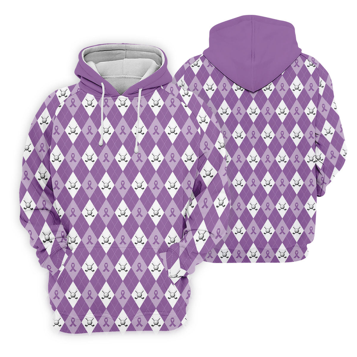 Pancreatic Cancer Purple And White Argyle Pattern Golf Tops For Men, Cancer Awareness Shirt