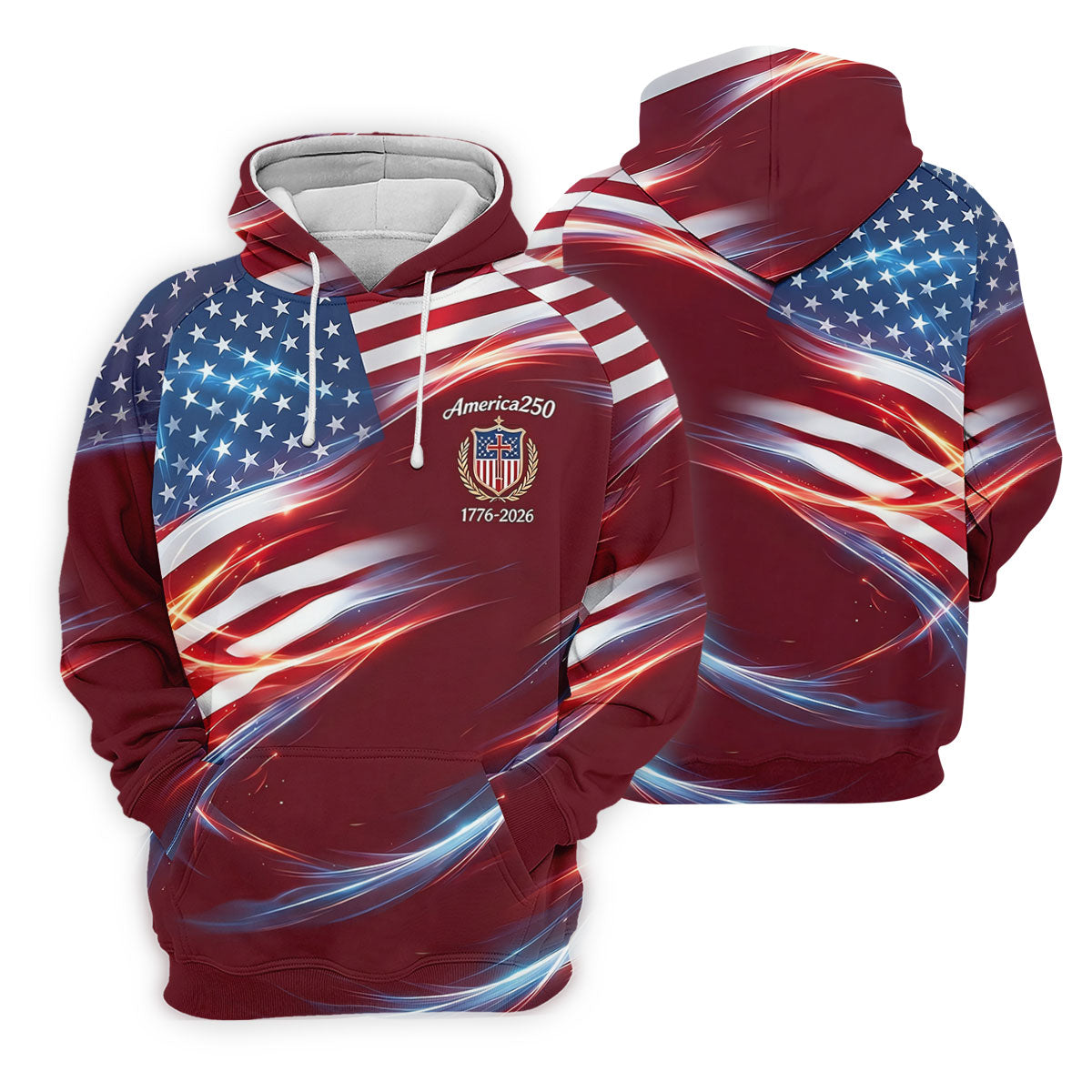 America 250 Light Effect American Flag Golf Shirt, Patriotic 4th Of July Golf Shirts For Men