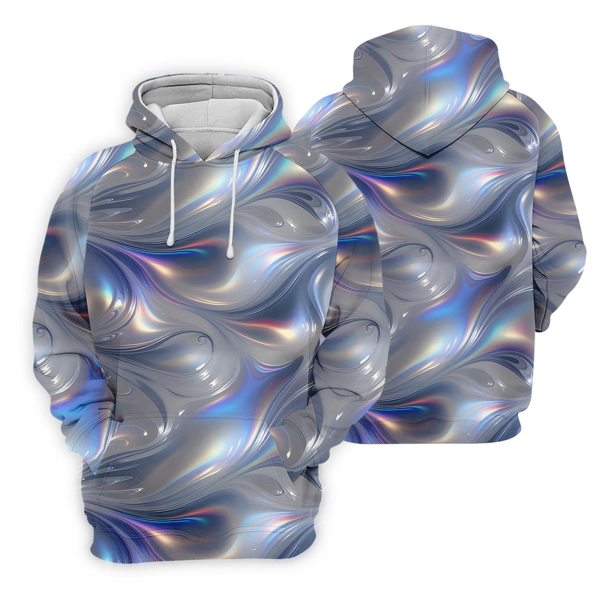Silver Marble Golf Shirt, Futuristic Holographic Wave Pattern, Golf Shirt For Men
