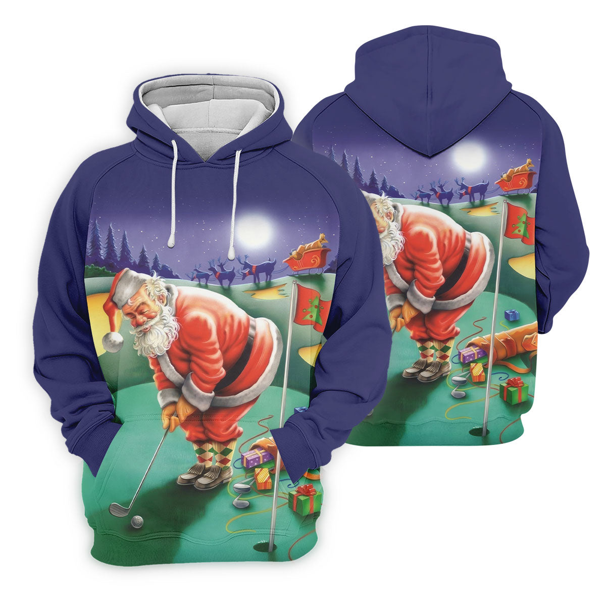 Men's Santa Night Golf Scene Golf Shirt, Christmas Golf Shirt, Golf Apparel For Men