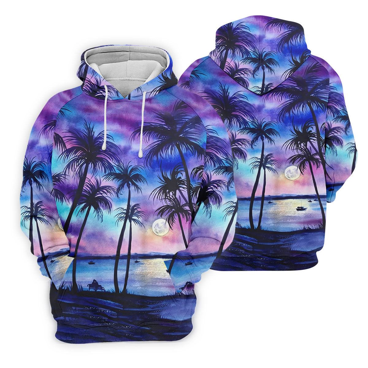 Moonlit Tropical Beach Palm Tree Design Hawaiian Golf Shirt, Golf Shirts For Men, Polo Shirts For Men
