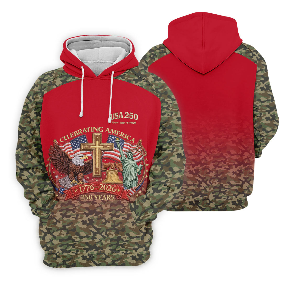 Liberty Faith Strength Faith Cross USA 250 Red Camo Golf Shirt, 4th Of July Golf Shirt For Women