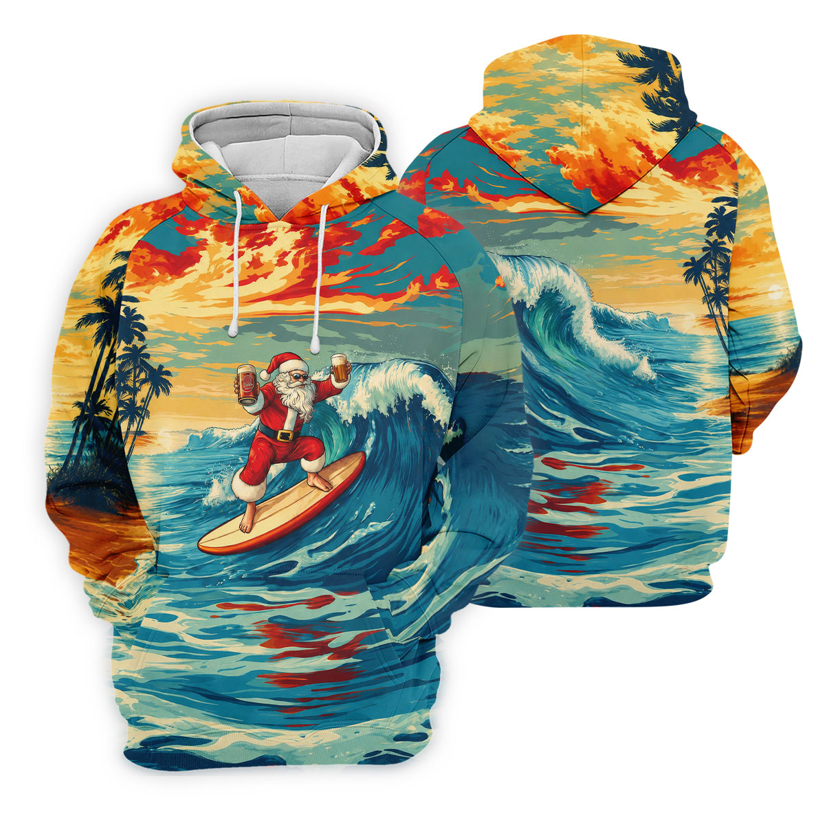 Tropical Surfing Santa Sunset Christmas Golf Shirt, Women's Golf Tops, Hawaiian Golf Shirt