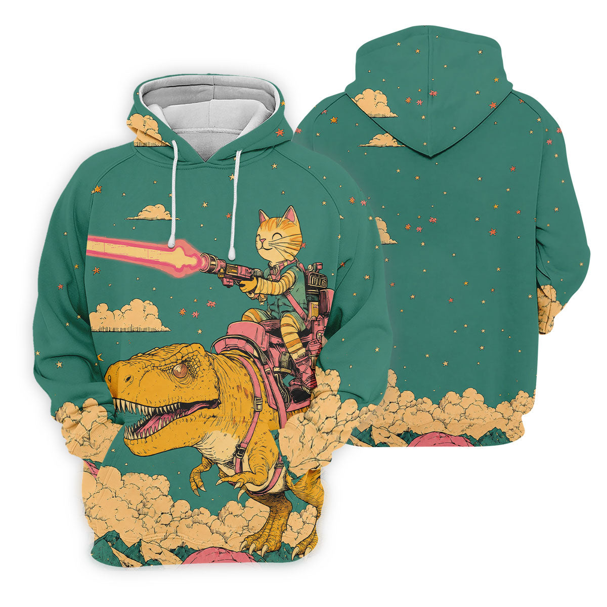 Laser Cat Dinosaur Golf Shirt, Retro Sci Fi T Rex Adventure Pattern, Golf Shirt For Men