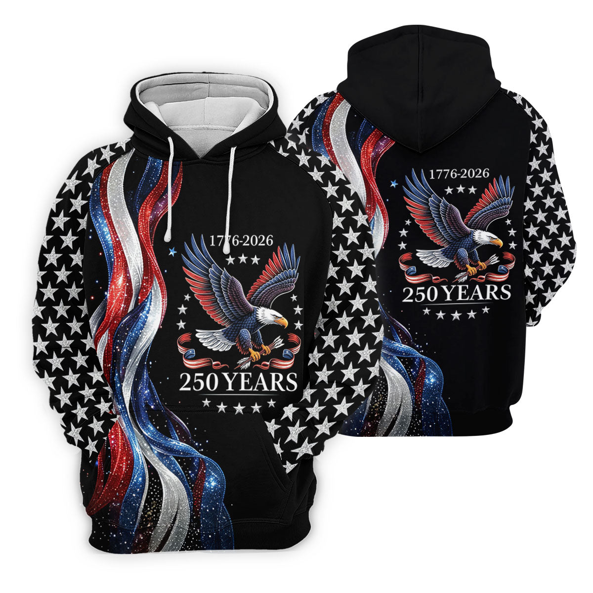 Bald Eagle Red White Blue Wavy Stripes Patriotic Golf Shirt, 250 Years 4th Of July Golf Shirts For Men