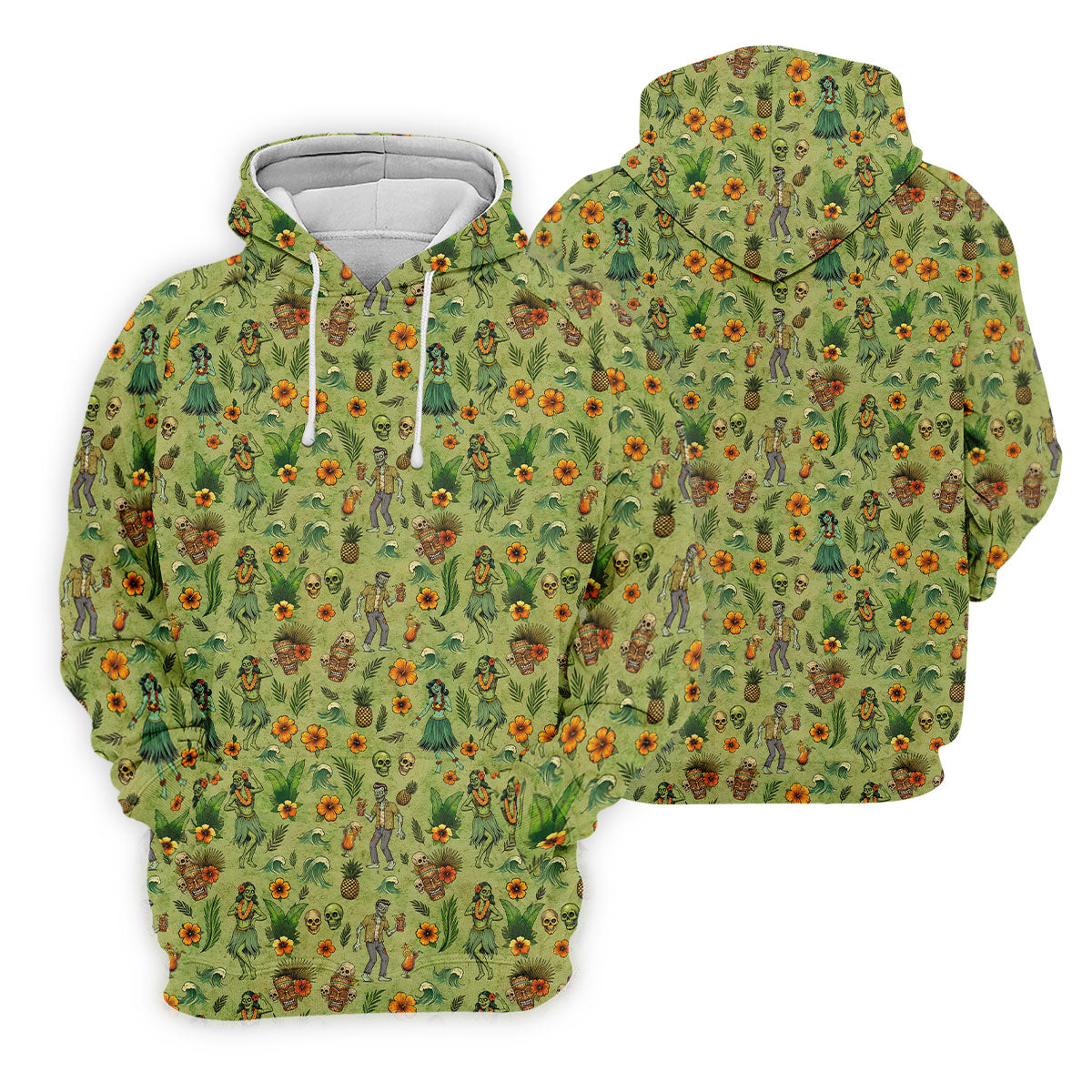 Tiki Zombie Hawaiian Golf Shirt, Hula Dancer Skull Pattern, Polo Shirts For Men