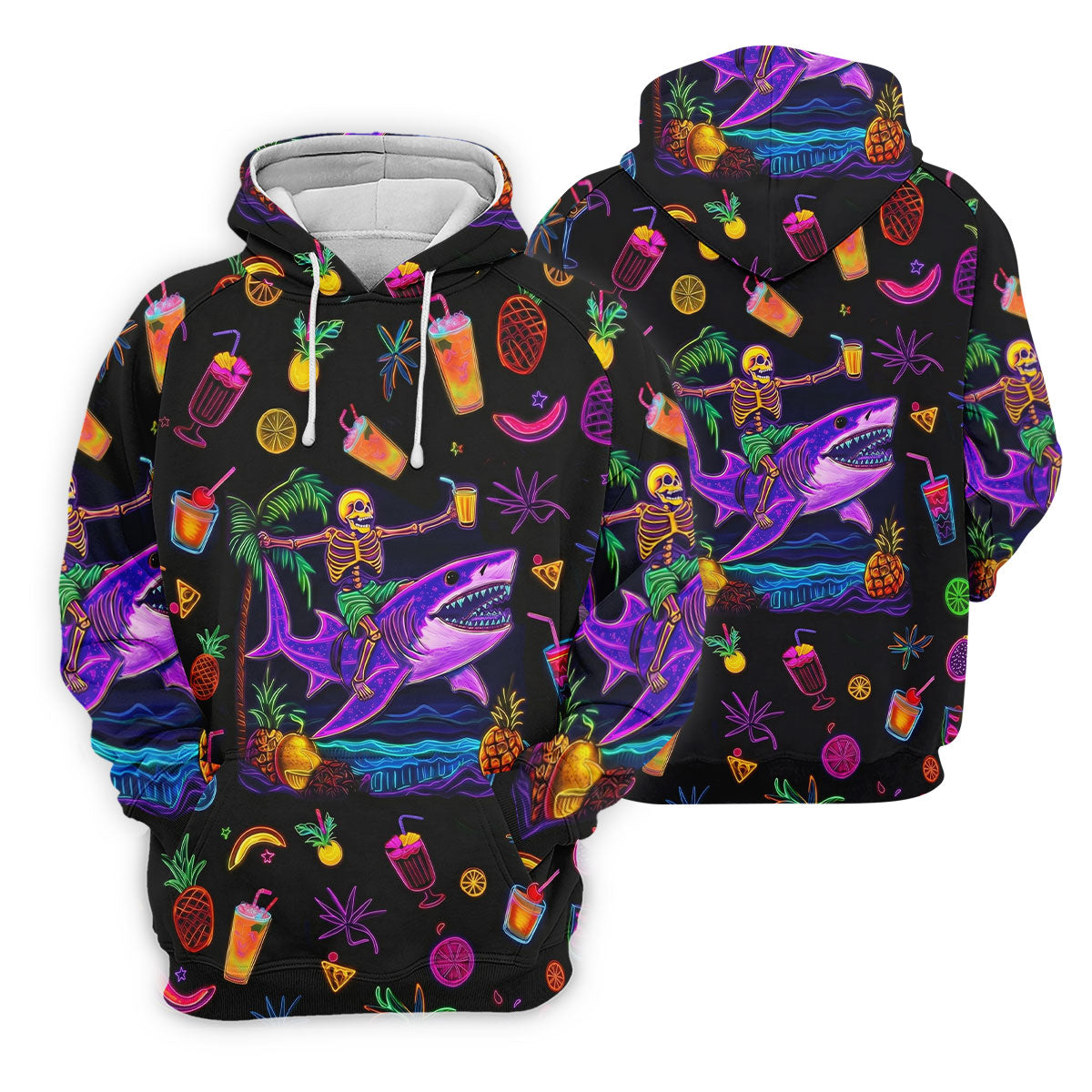 Neon Shark Beach Party Pattern Hawaiian Golf Shirt, Golf Shirts For Men, Polo Shirts For Men