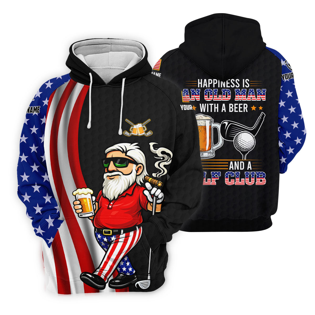 Happiness Is An Old Man With A Beer Funny 4th Of July Black Golf Shirt, 250th Anniversary Women's Golf Tops