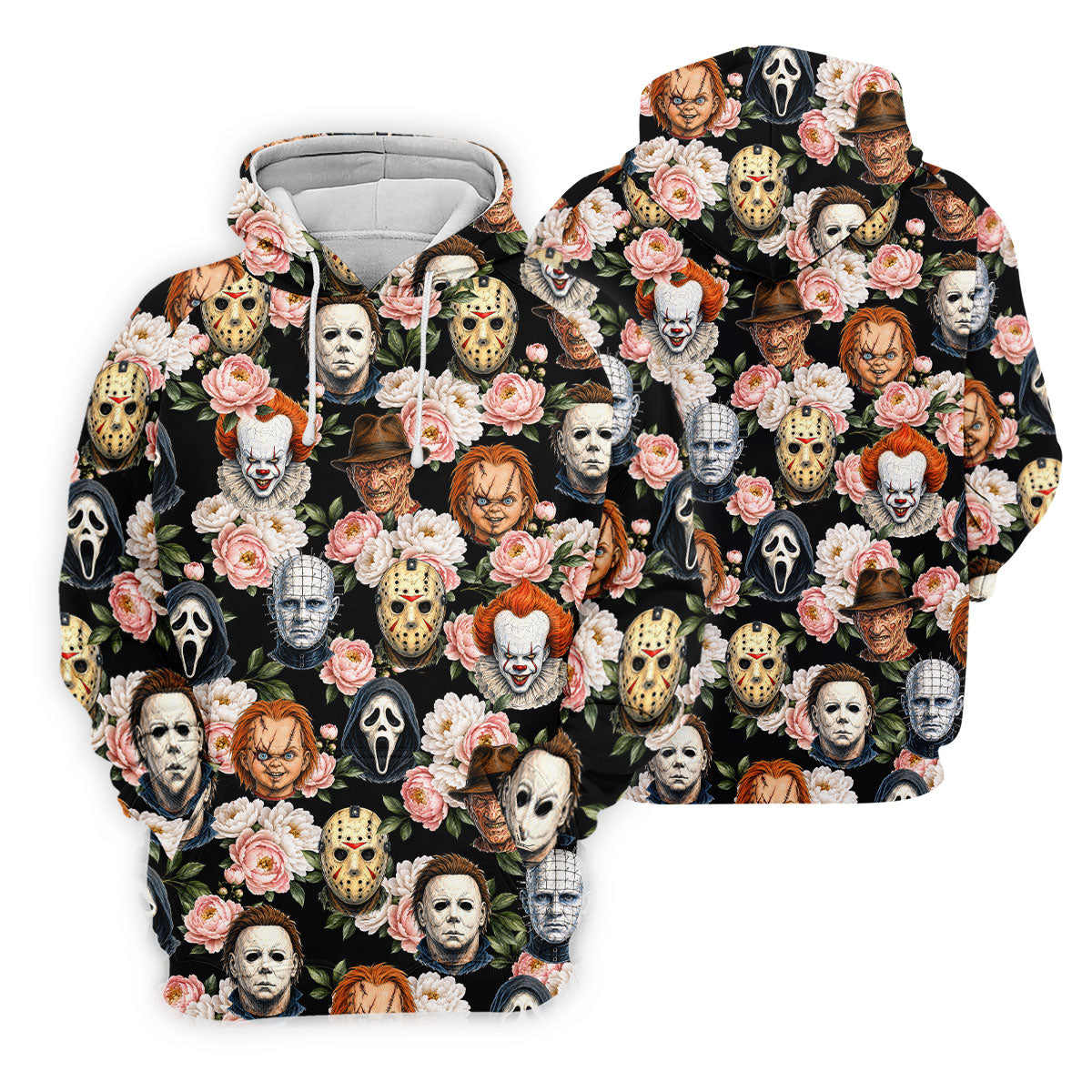 Horror Icons Floral Hawaiian Golf Shirt, Men's Golf Shirt, Printed Golf Shirts