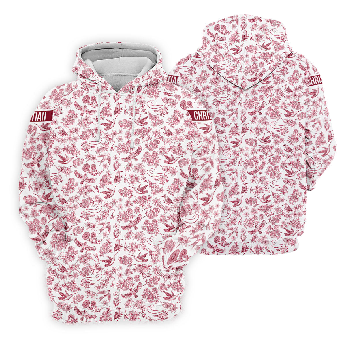 Custom Name Toile de Jouy Birds And Flowers White And Red Women Golf Top, Ladies Golf Polos