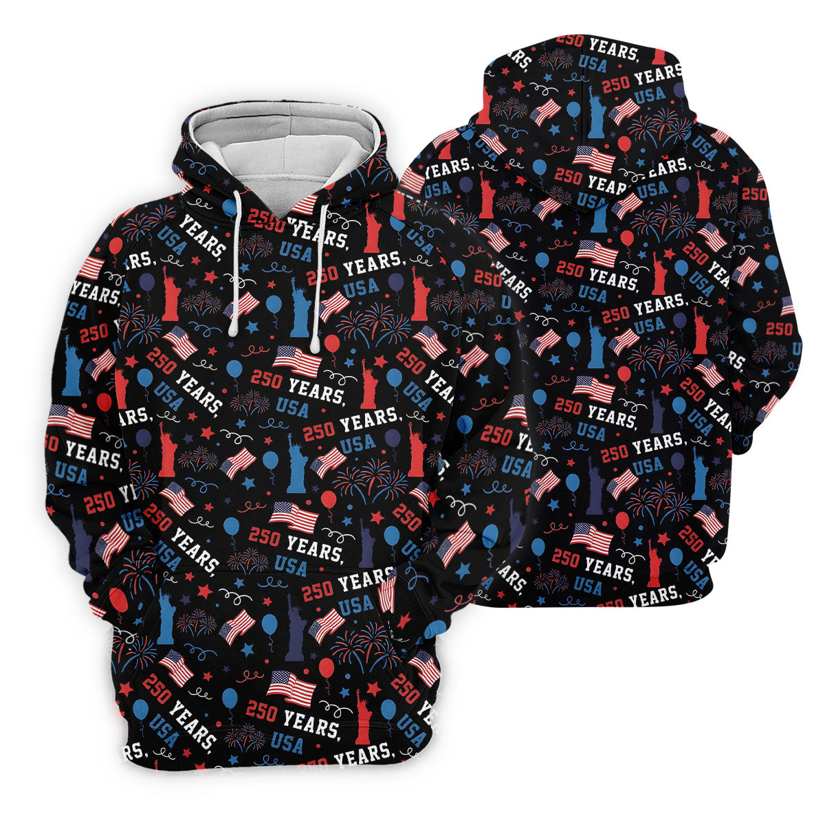 250 Years USA Red White Blue Seamless Pattern Black Golf Shirt, Patriotic 4th Of July Golf Shirts For Men