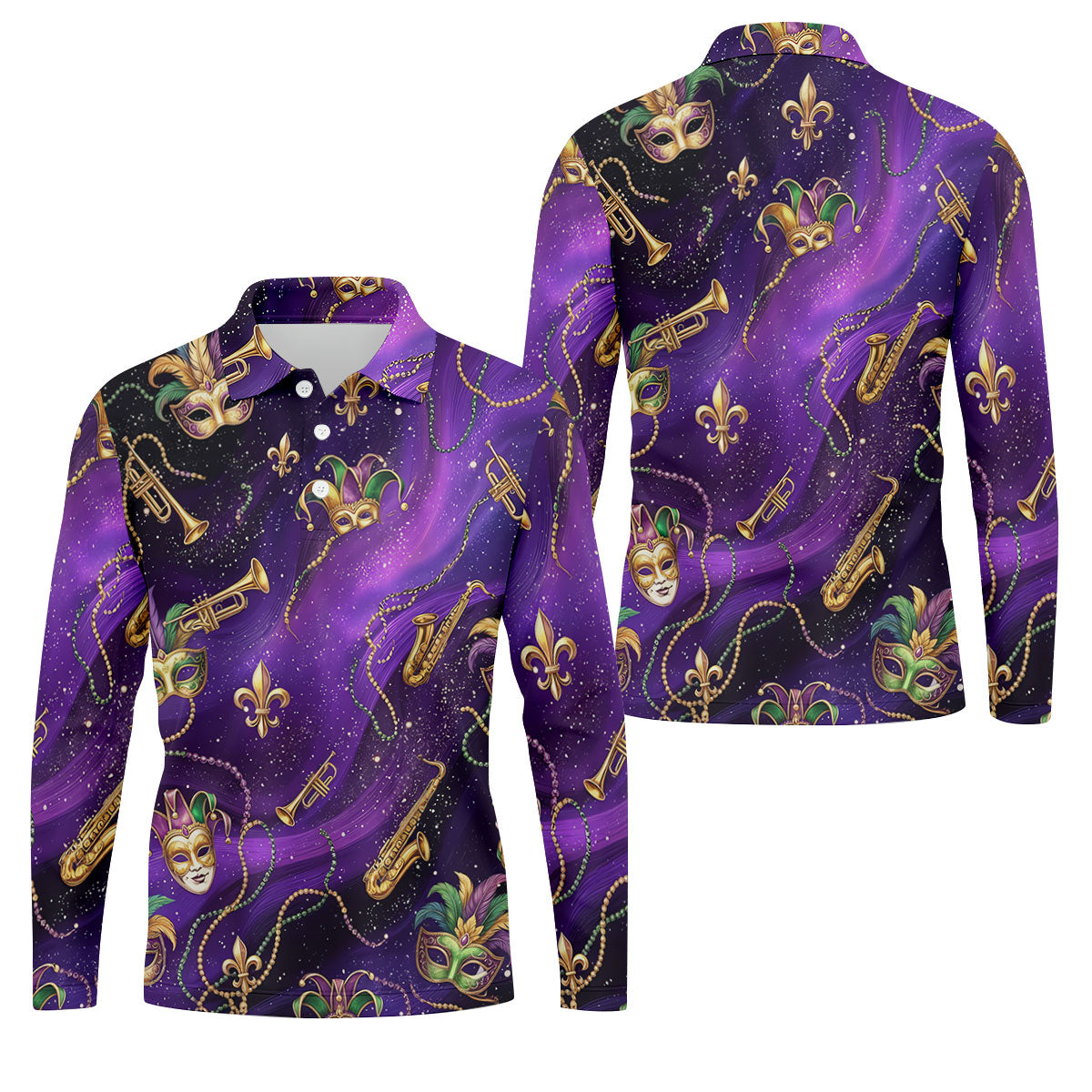 Golden Fleur De Lis Trumpet And Saxophone Mardi Gras Masquerade Mask Purple Golf Shirt, Golf Shirts For Men