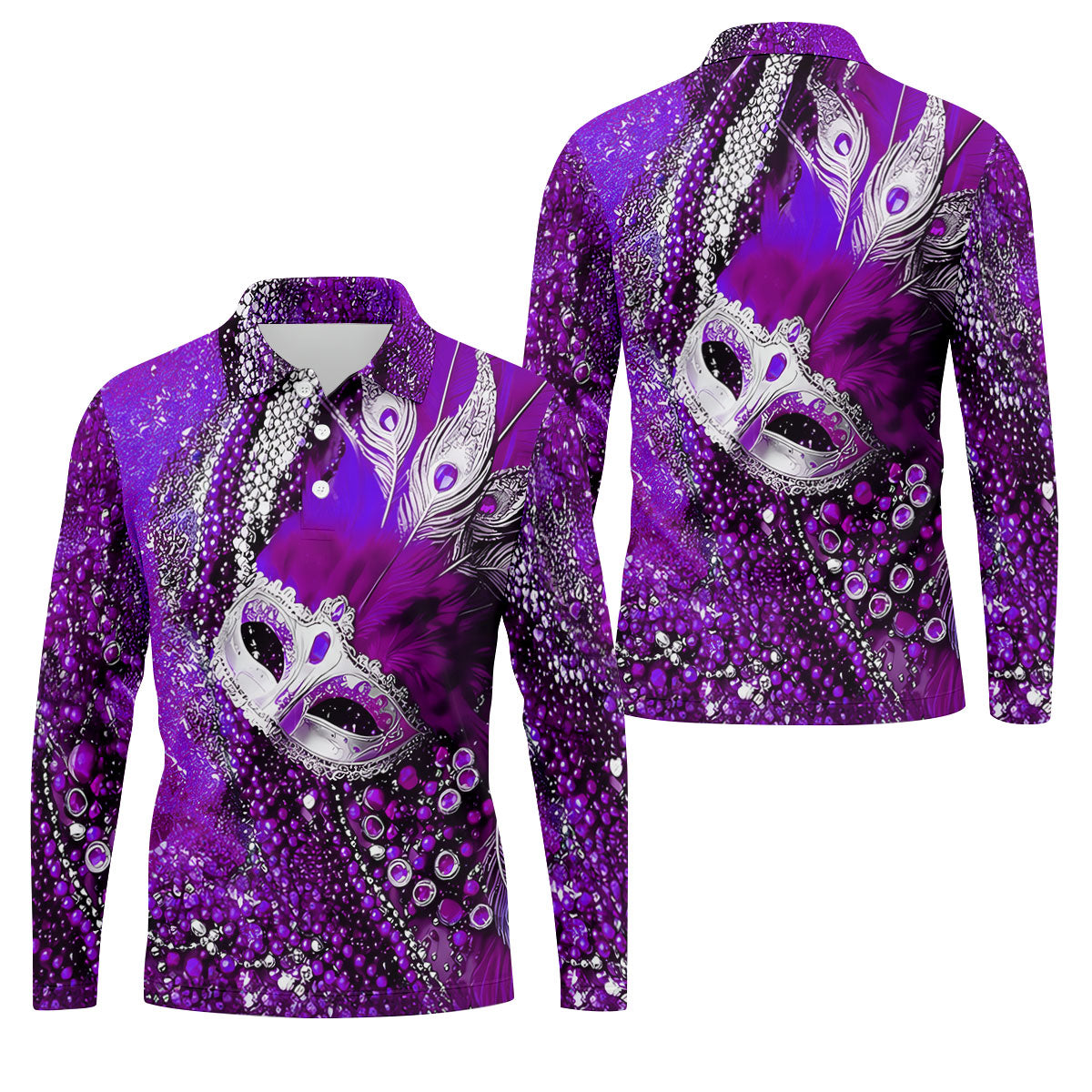 Mardi Gras Masquerade Mask Feather Beads Purple Golf Shirt, Polo ShirtFor Men, Golf Shirts For Men