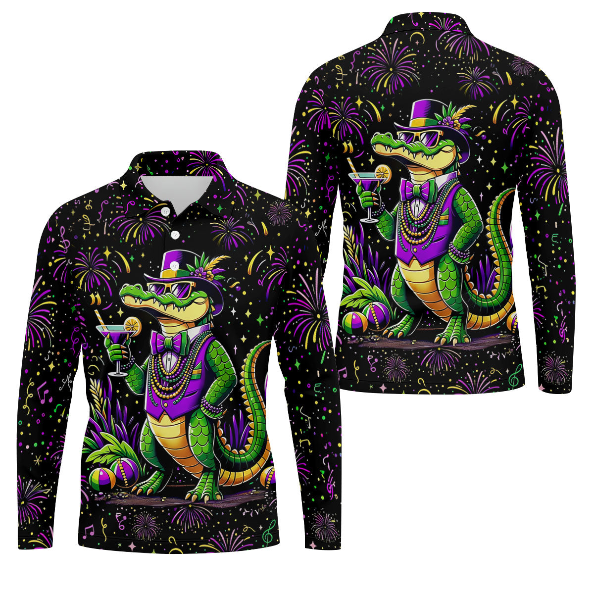 Mardi Gras Aligator Purple Green Gold Confetti Star Golf Tops For Men, Polo ShirtFor Men, Golf Shirts For Men