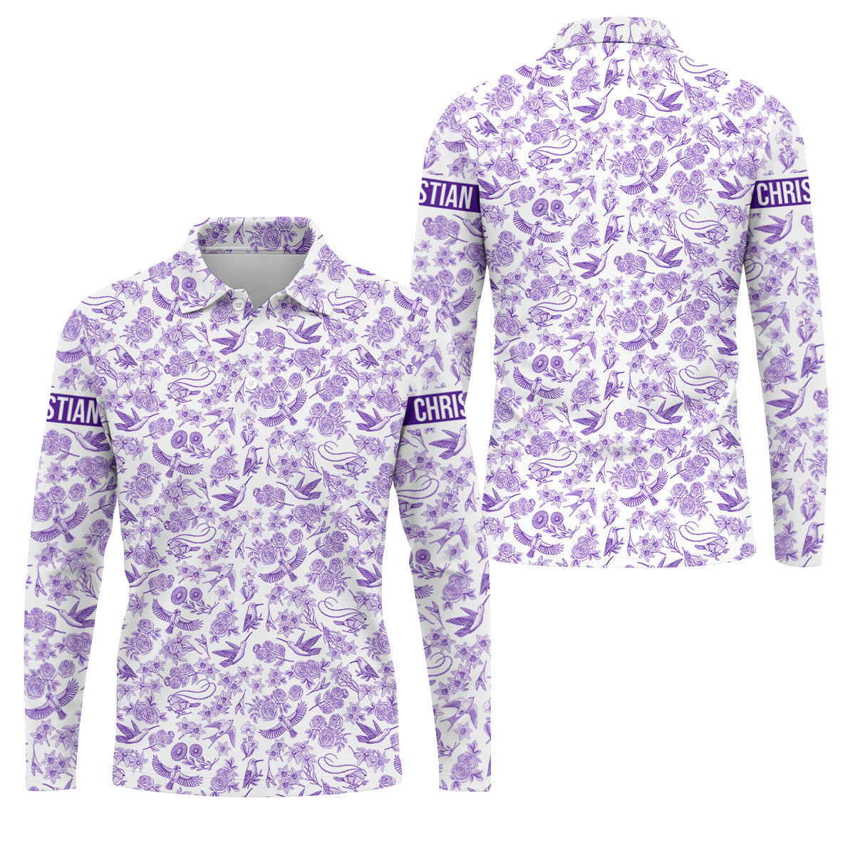 Custom Name Toile de Jouy Birds And Flowers Purple And White Polo ShirtFor Men, Golf Gift For Men