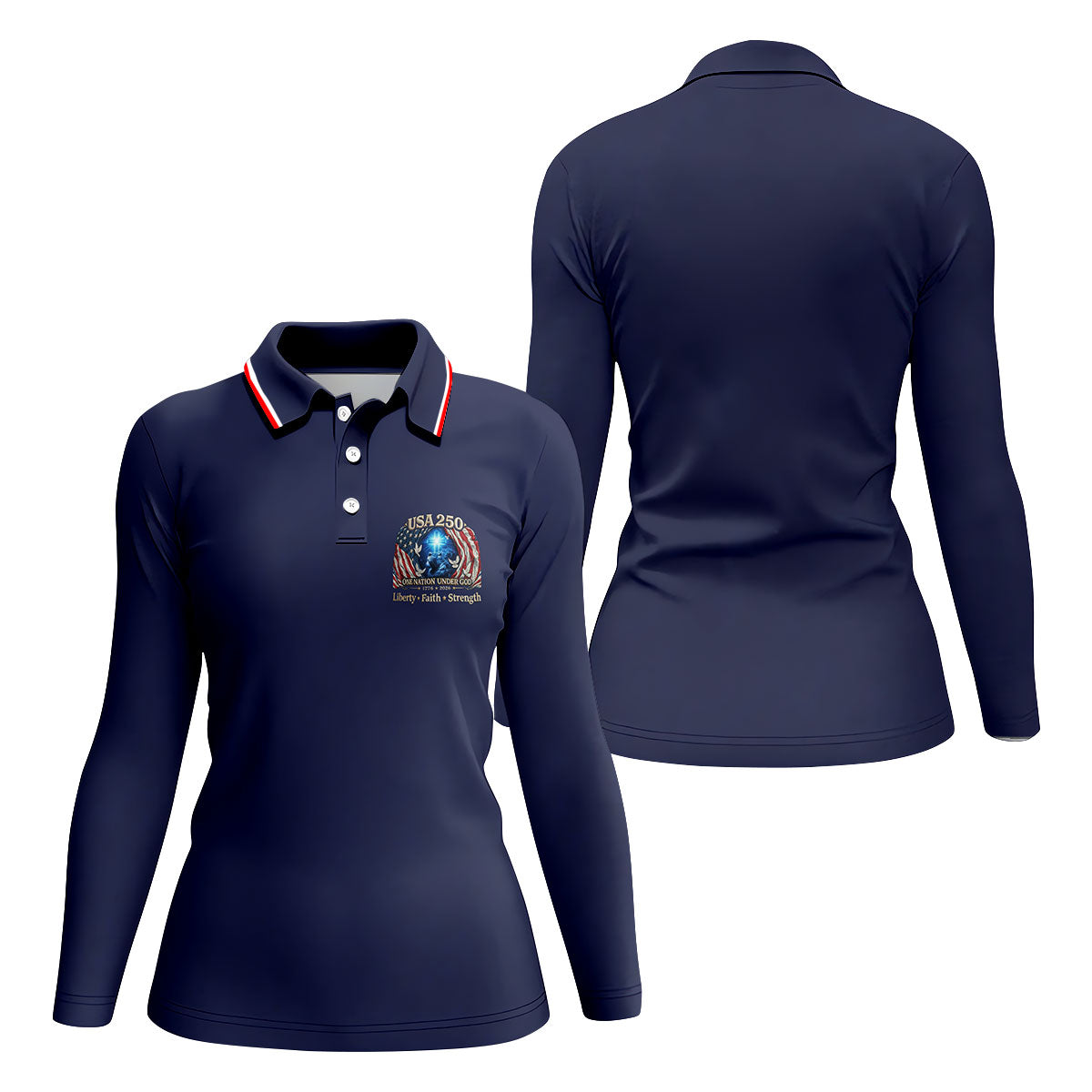 One Nation Under God Faith Cross USA 250 Logo Navy Golf Shirt, 4th Of July Golf Shirt For Women