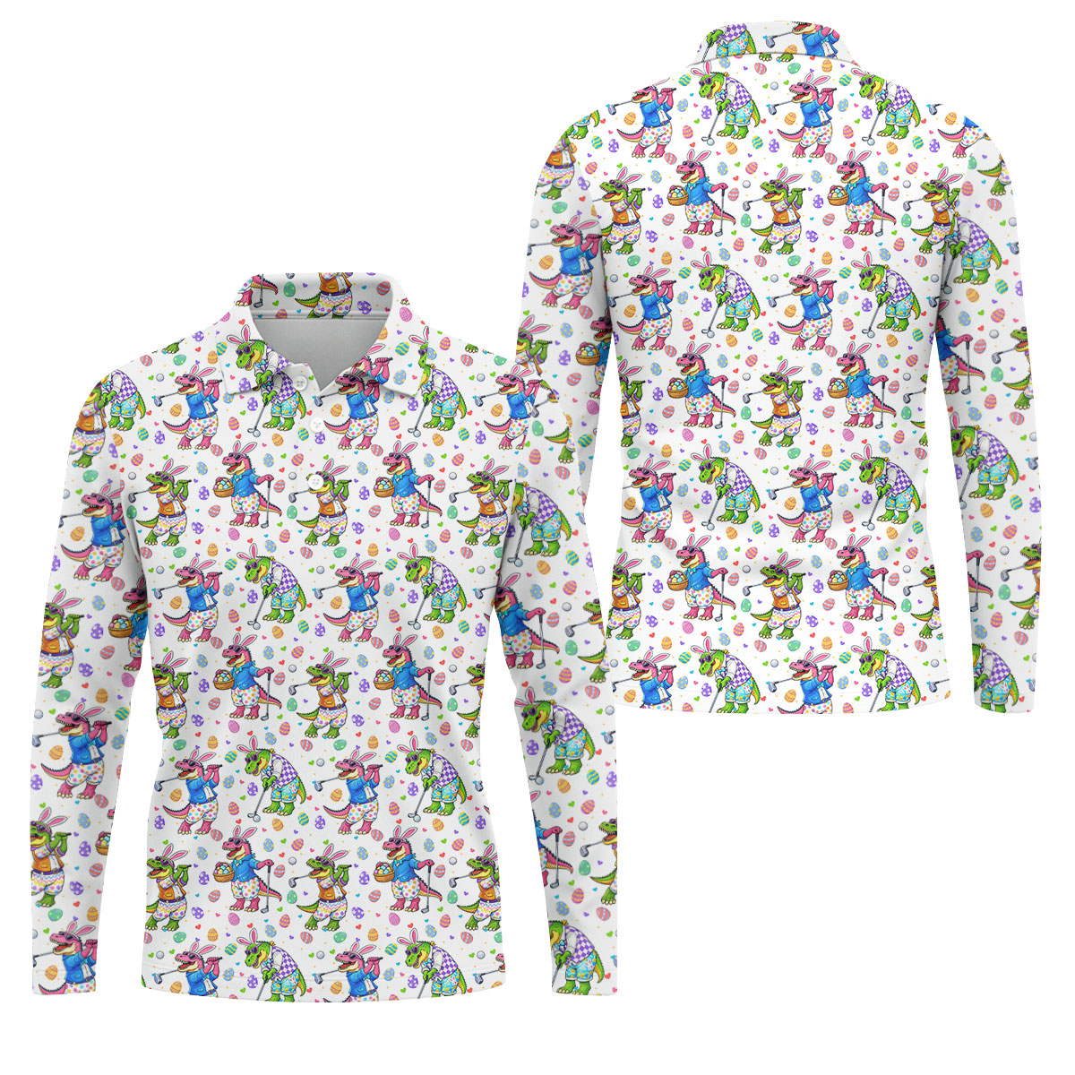 Easter Dinosaur Gradient Pattern Men's Funny Golf Shirts, Golf Shirts For Men, Polo ShirtFor Men