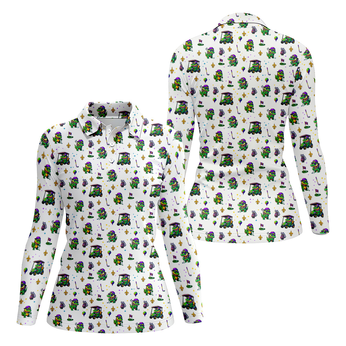Funny Crocodile Mardi Gras Golf Shirts, White Golf Shirt, Festive Women Golf Top, Ladies Golf Shirts