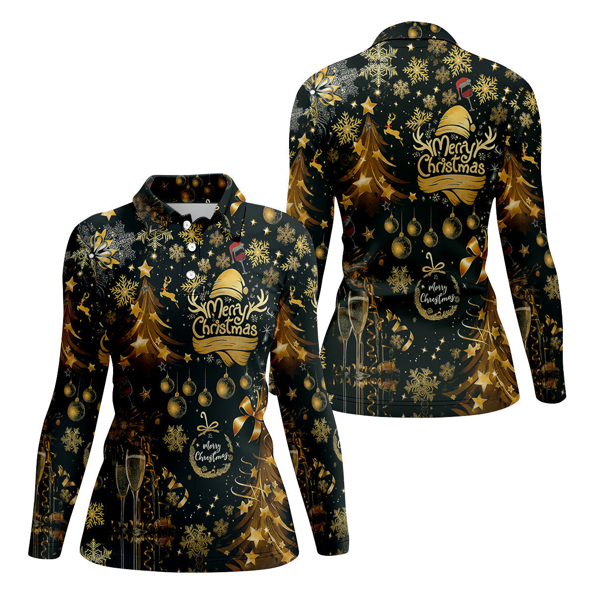 Champagne Golden Merry Christmas Women Golf Top, Christmas Golf Shirt, Ladies Golf Tops