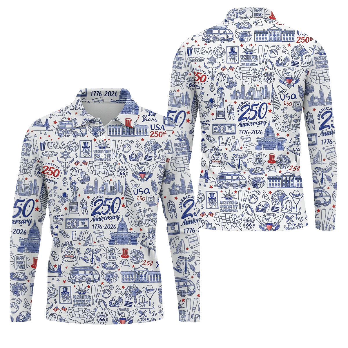 America 250 Anniversary US Symbols Doodle Pattern Patriotic Golf Shirt, 4th Of July Golf Shirts For Men