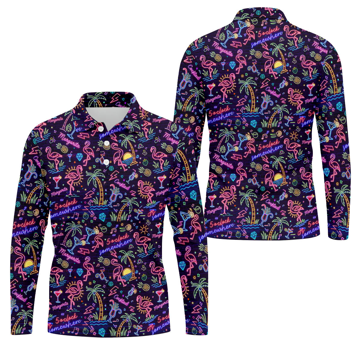 Tropical Theme Neon Pattern Black Golf Shirt, Men's Funny Golf Shirts, Polo ShirtFor Men