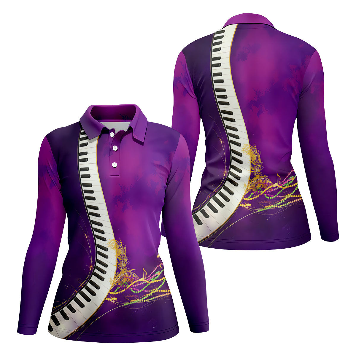 Mardi Gras Feather Beads Piano Keyboard Print Purple Golf Shirt, Women's Golf Tops, Ladies Golf Polos