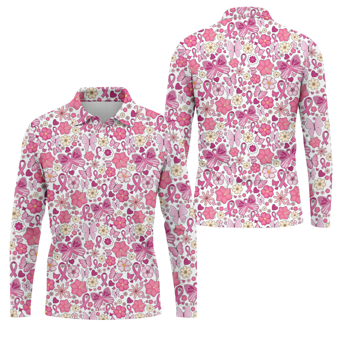 Breast Cancer Pink Ribbon Floral Golf Shirt, Cancer Awareness Shirt, Polo Shirtor Men, Golfing Apparel