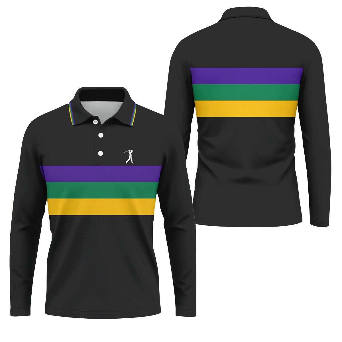 Mardi Gras Purple Green Gold Horizontal Stripes Black Golf Shirt, Golf Tops For Men, Polo ShirtFor Men
