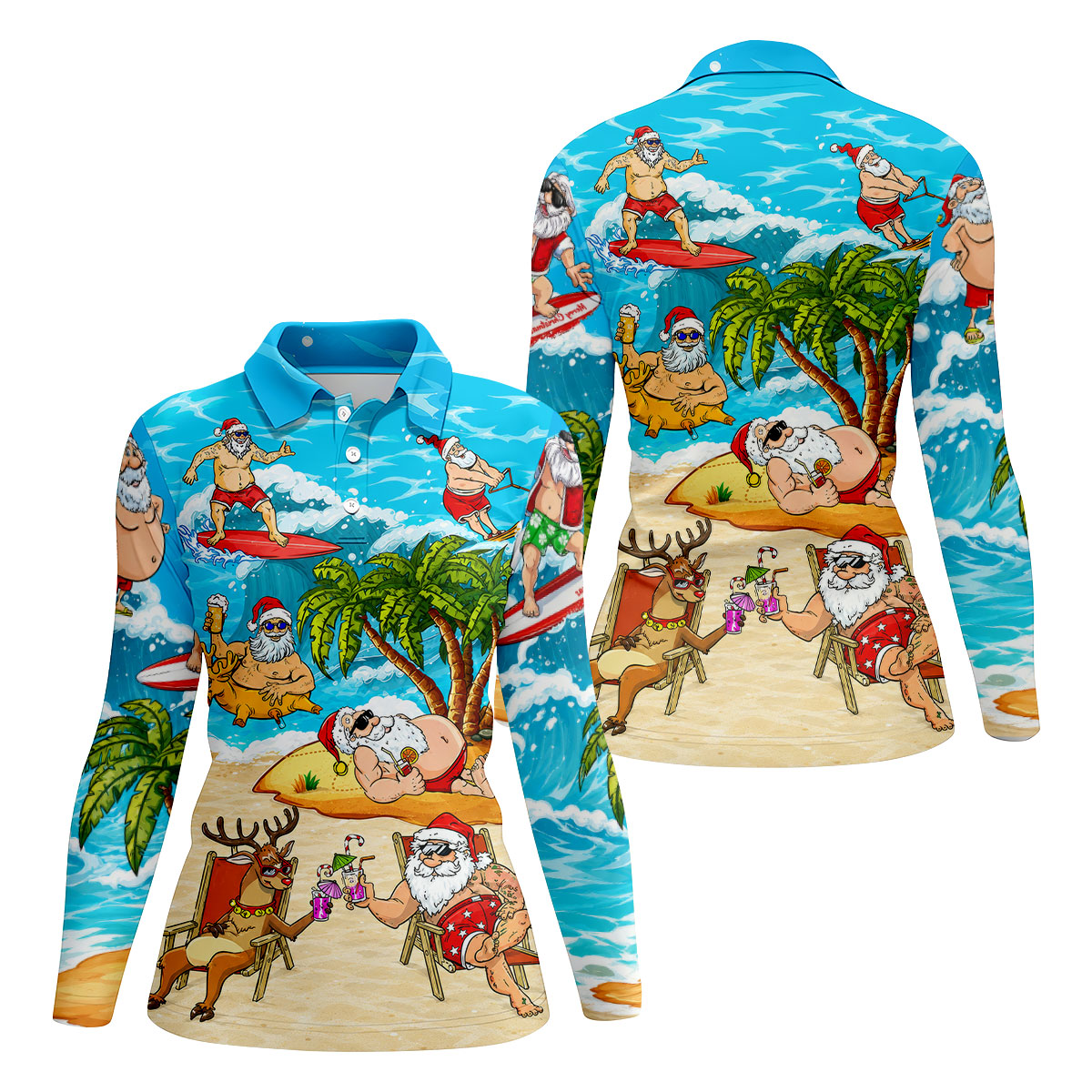 Funny Santa Beach Party Women's Golf Shirt, Christmas Golf Shirt, Women’s Golf Apparel