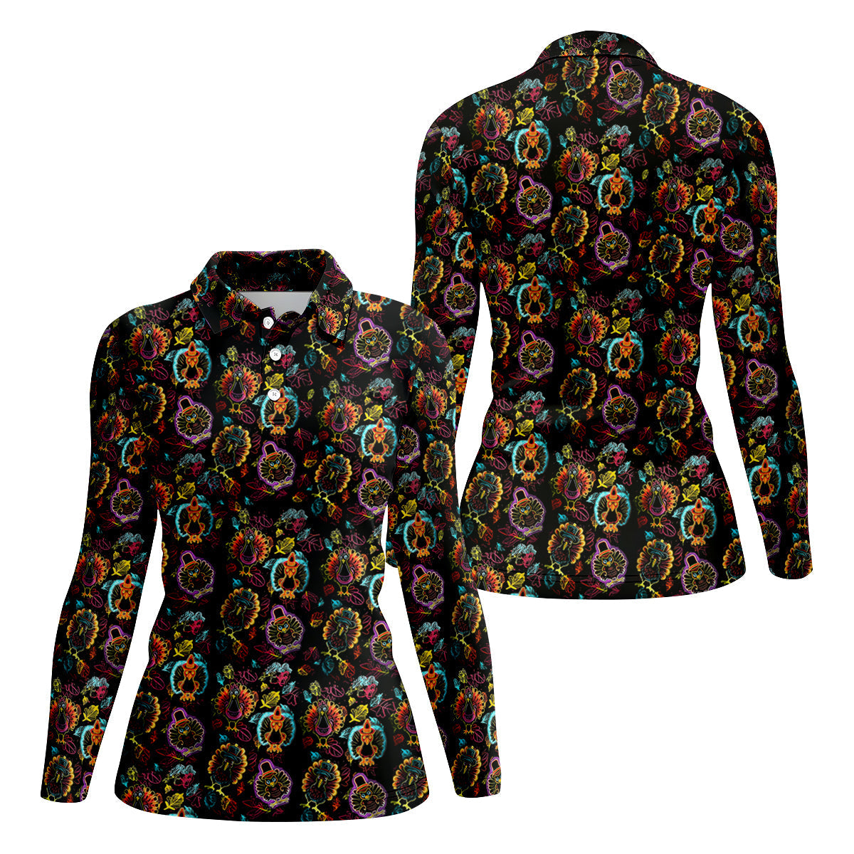 Neon Turkey Thanksgiving Fun Women's Golf Shirts, Women Golf Top, Ladies Golf Polos, Golfing Apparel