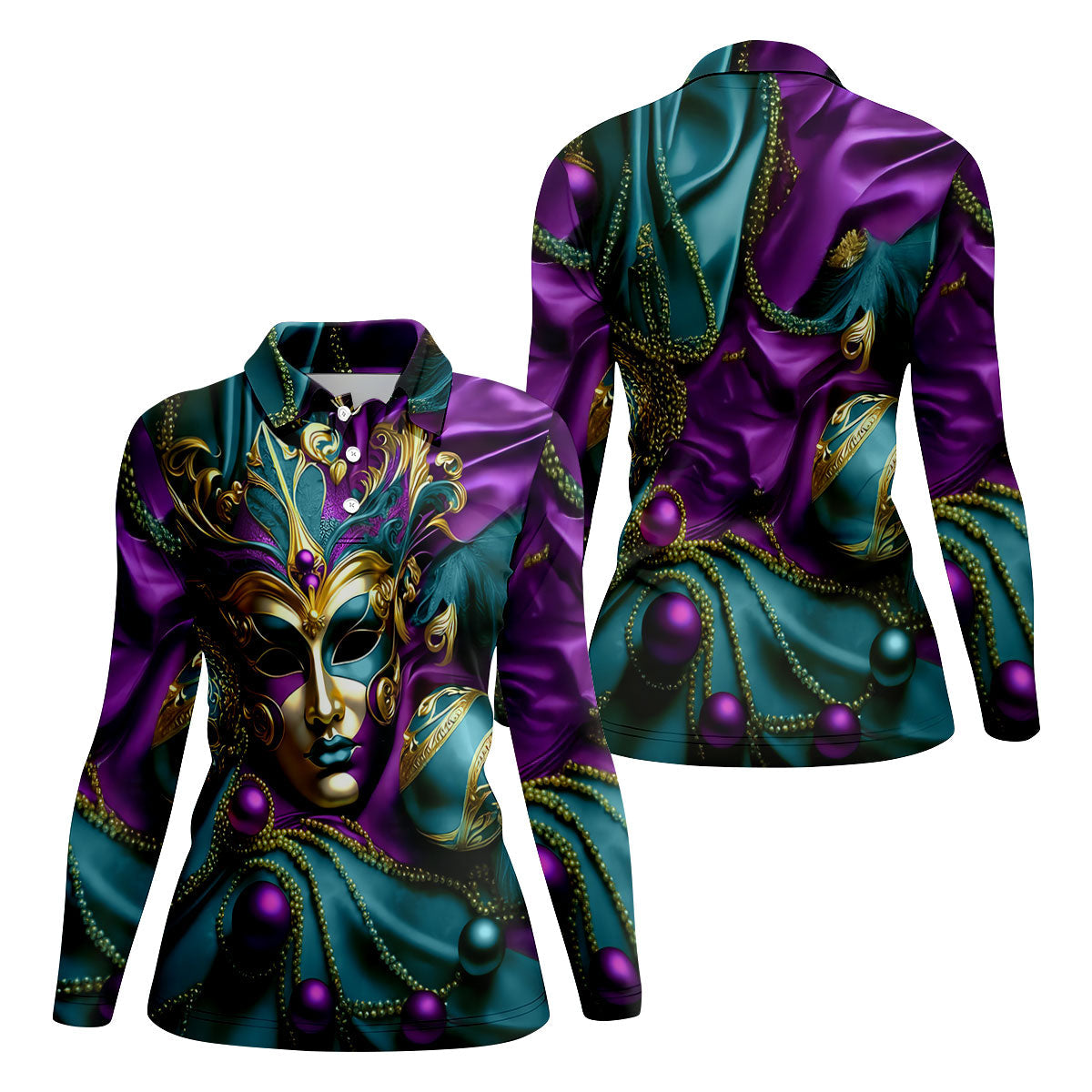 Mardi Gras Face Mask Turquoise Golf Shirt, Women's Golf Tops, Ladies Golf Polos, Women's Polo Shirt