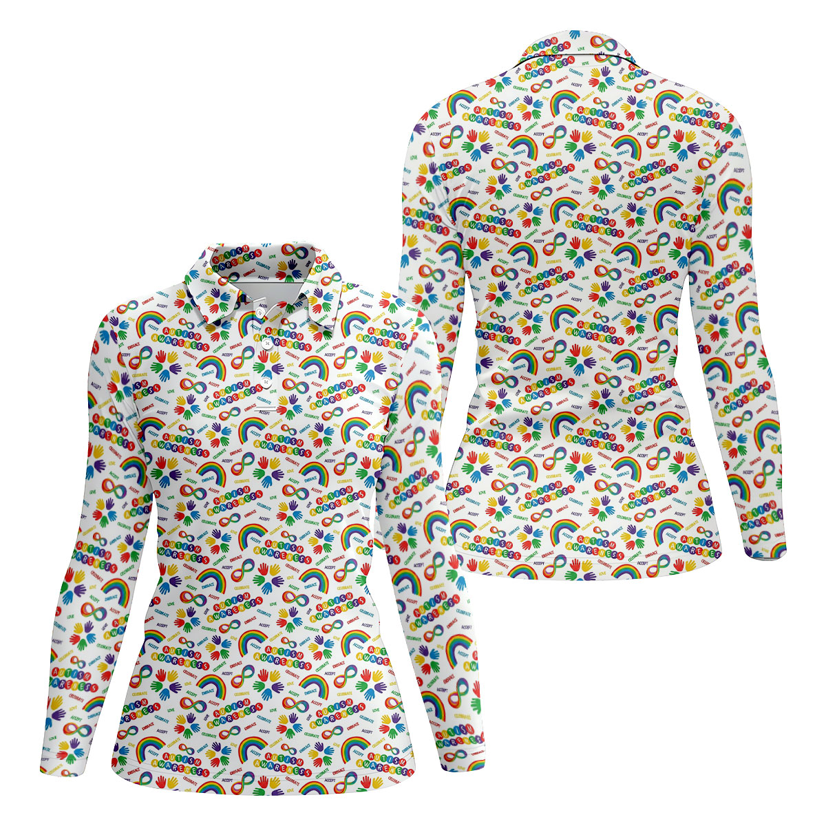 Autism Awareness Rainbow Pattern Colorful Handprints White Golf Shirt, Golf Shirt For Women