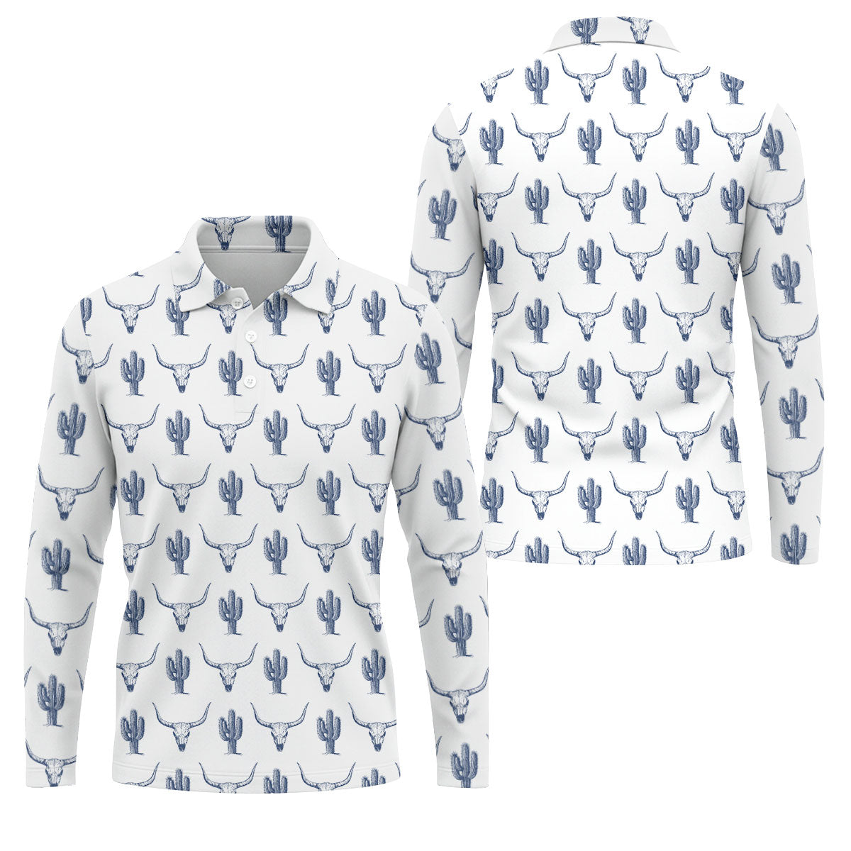 Western Longhorn And Cactus Pattern Hawaiian Golf Shirt, Golf Shirts For Men, Polo Shirts For Men