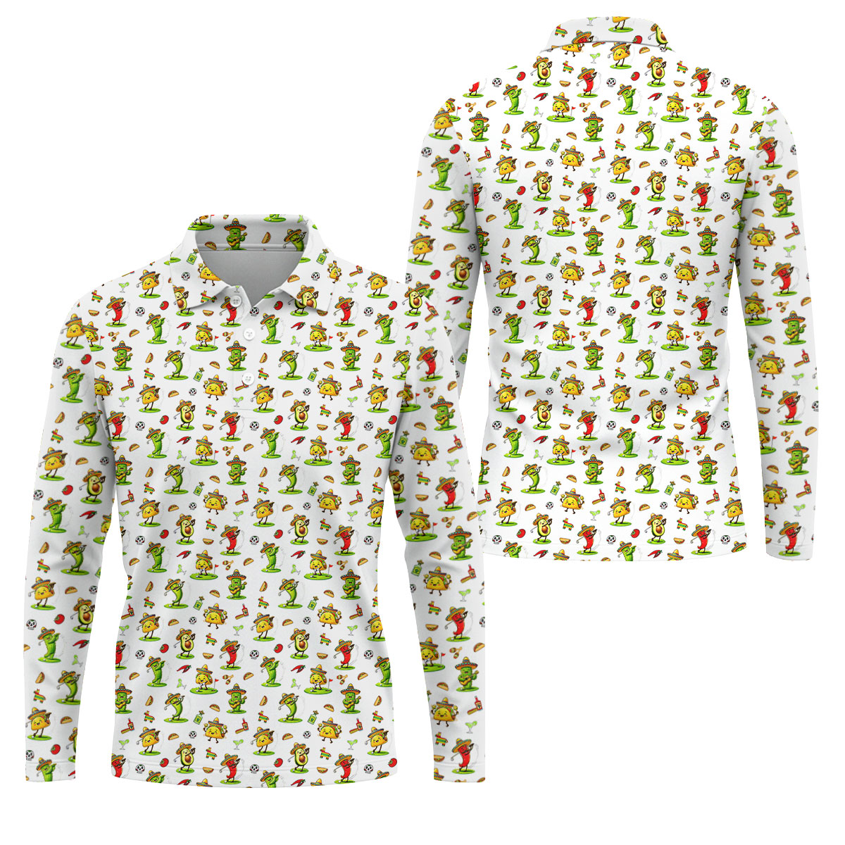 Mexican Cartoon Food Characters Cinco De Mayo Celebration Fiesta Themed White Golf Shirts For Men