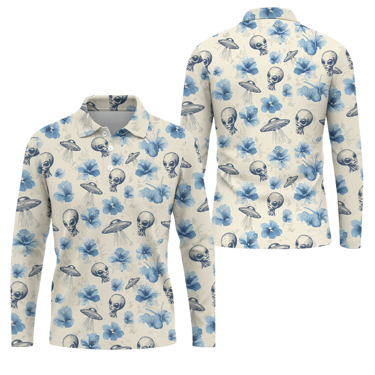 Funny Alien Blue Hibicus Tropical Theme Hawaiian Golf Shirt, Polo ShirtFor Men, Golfing Apparel