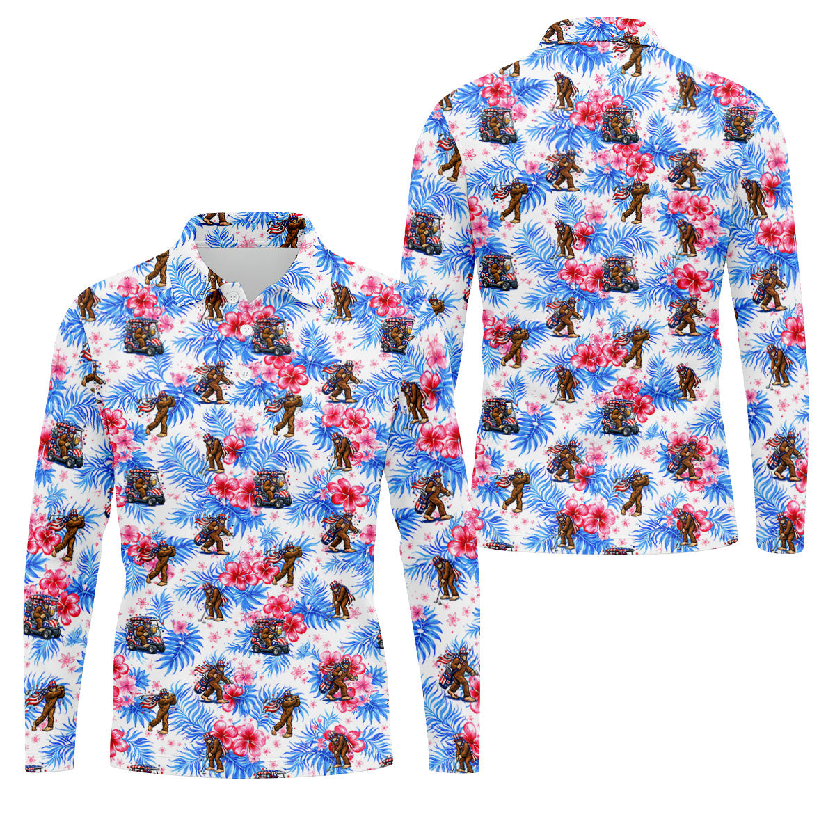 Funny Bigfoot Golf Pose 4th Of July Tropical Vibe Golf Shirts For Men, 250th Anniversary Patriotic Golf Shirt