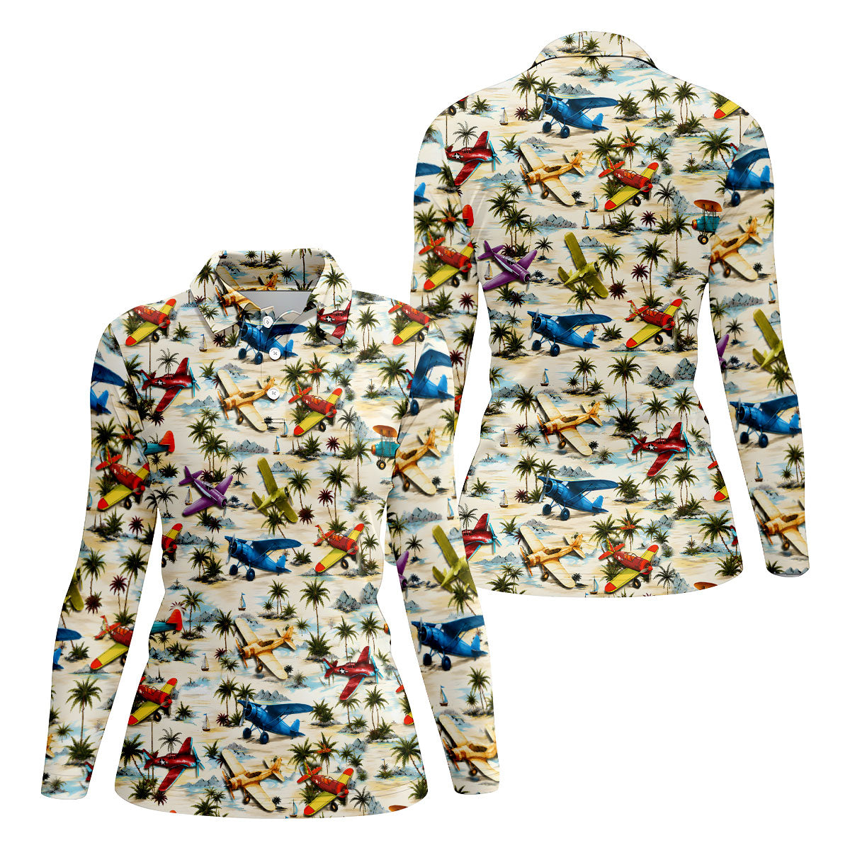 Vintage Airplane Hawaiian Golf Shirt, Tropical Aircraft Pattern, Polo Shirts For Women