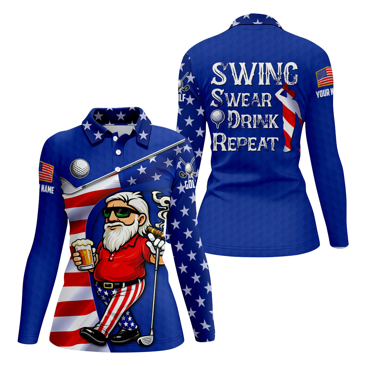 Swing Swear Drink Repeat Golf And Beer Patriotic Man 4th Of July Navy Golf Shirt, 250 Years Women's Golf Tops