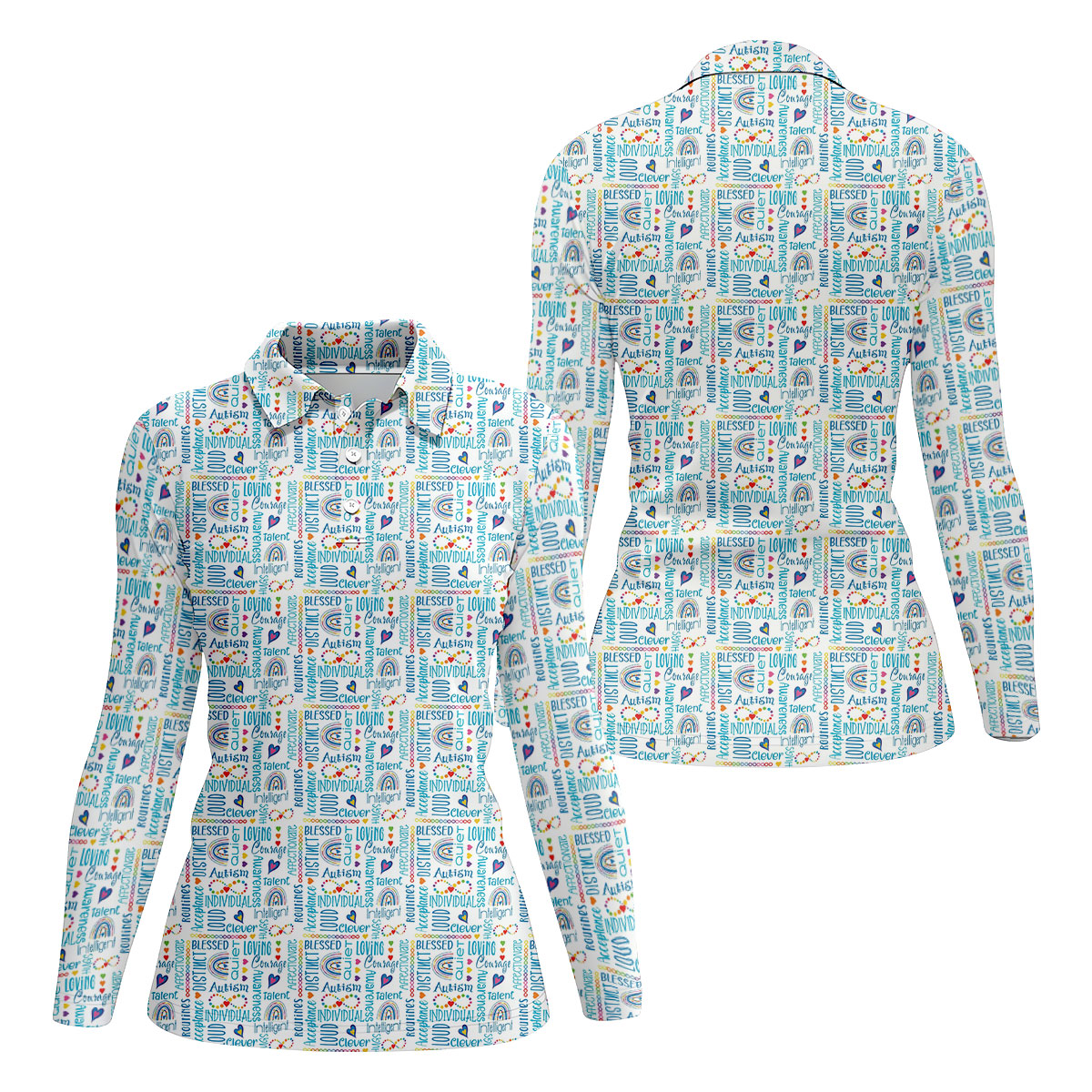Autism Awareness Rainbow Heart Infinity Symbol Blue And White Golf Shirt For Women, Ladies Golf Polos