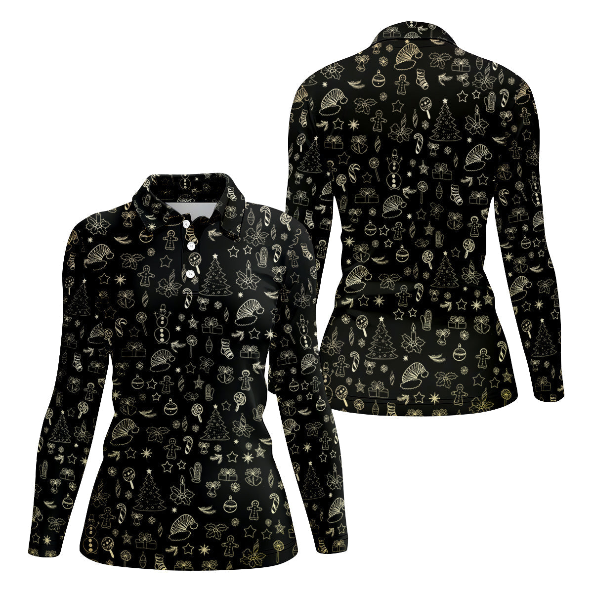 Festive Christmas Golden Pattern Women Golf Top, Christmas Golf Shirt, Ladies Golf Tops