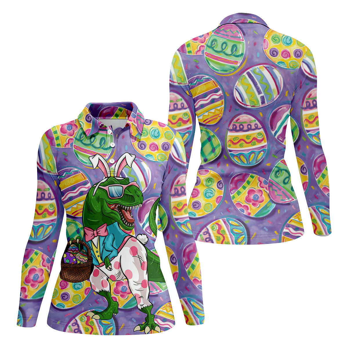 T-Rex Bunny Painted Easter Eggs Women Golf Top, Fun Women's Golf Shirts, Ladies Golf Shirts